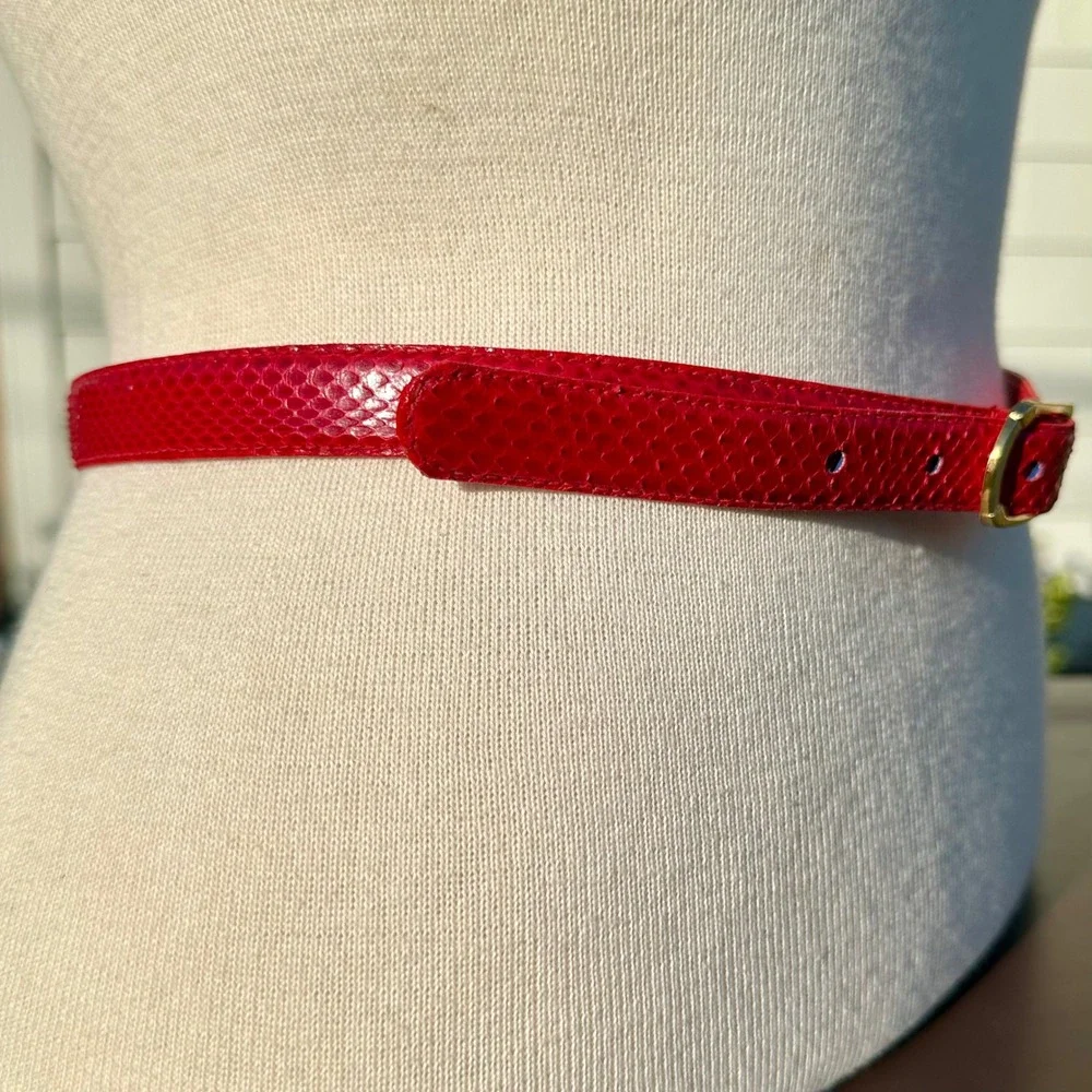 Milor Vtg Red Genuine Snakeskin Skinny Belt 2 tone Gold/Silver Buckle Size Small
